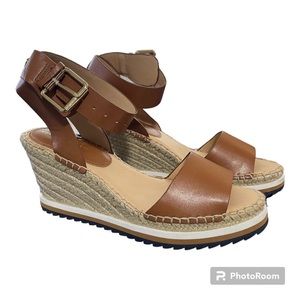 Tommy Hilfiger Leather Rope Wedge Sandals-Dark Natural